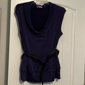 Free 2 Luv cowl neck sleeveless shirt with black belt.